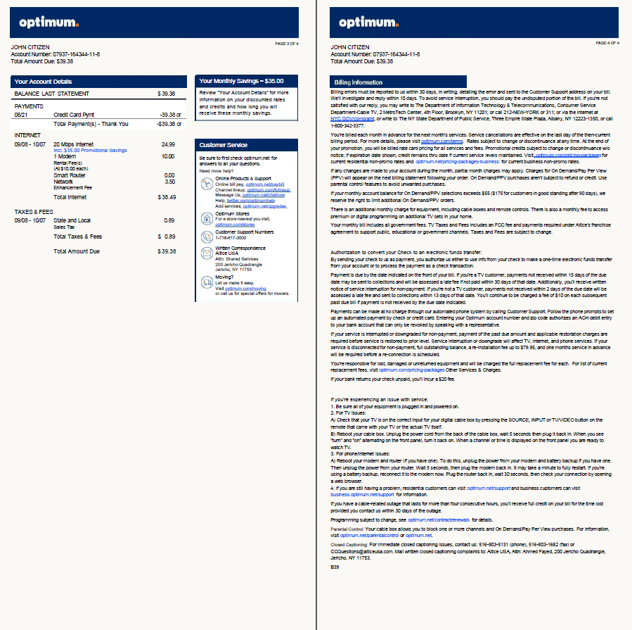 USA Optimum utility bill template in Word and PDF formats, 4 pages, version 2, 3 4 pages